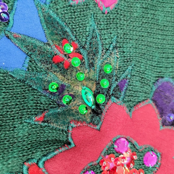 Vintage Mariea Kim sz Large Green Knit Sweater Beaded Embellished Flowers Korea - Picture 10 of 16